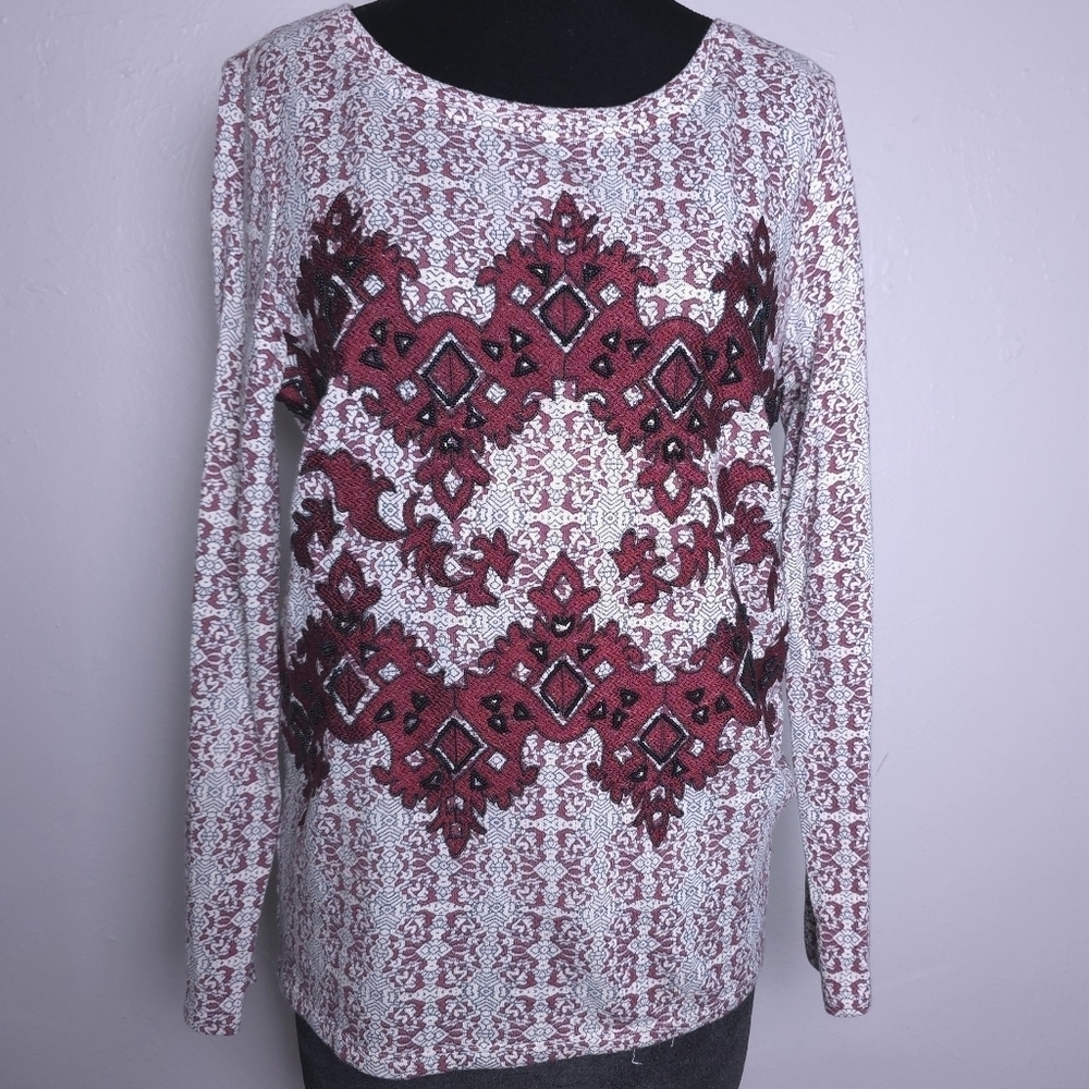 Sundance Neva Tapestry Top Long Sleeve Beaded Burgundy Ivory Blouse Small